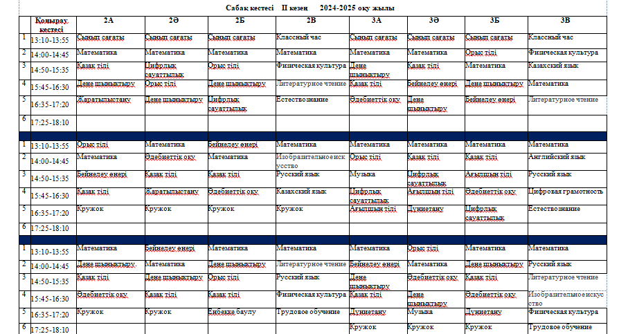 2024-2025 оқу жылының сабақ кестесі  (2-ауысым)